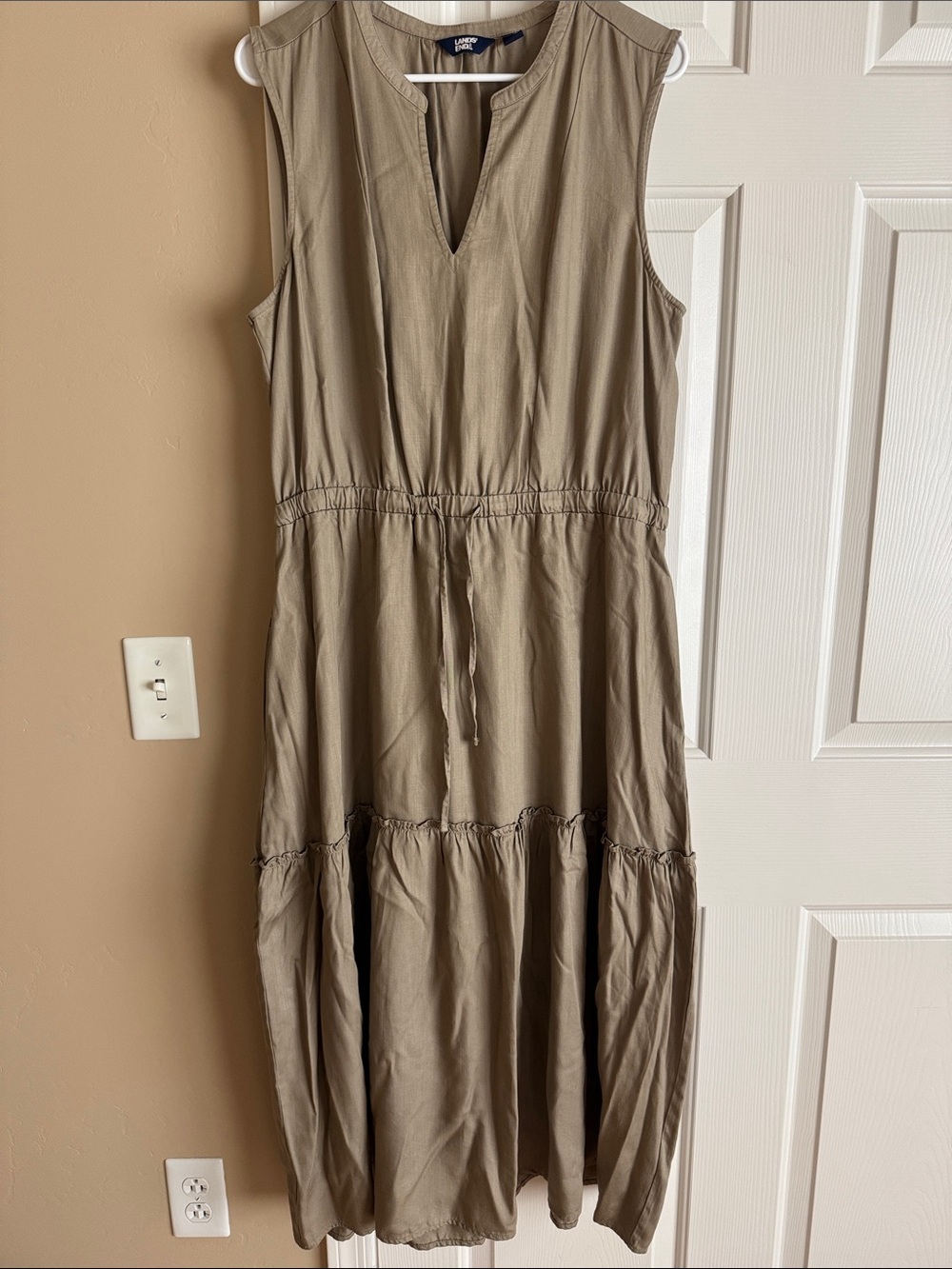 Lands' End Sleeveless Taupe Drawstring Maxi Dress